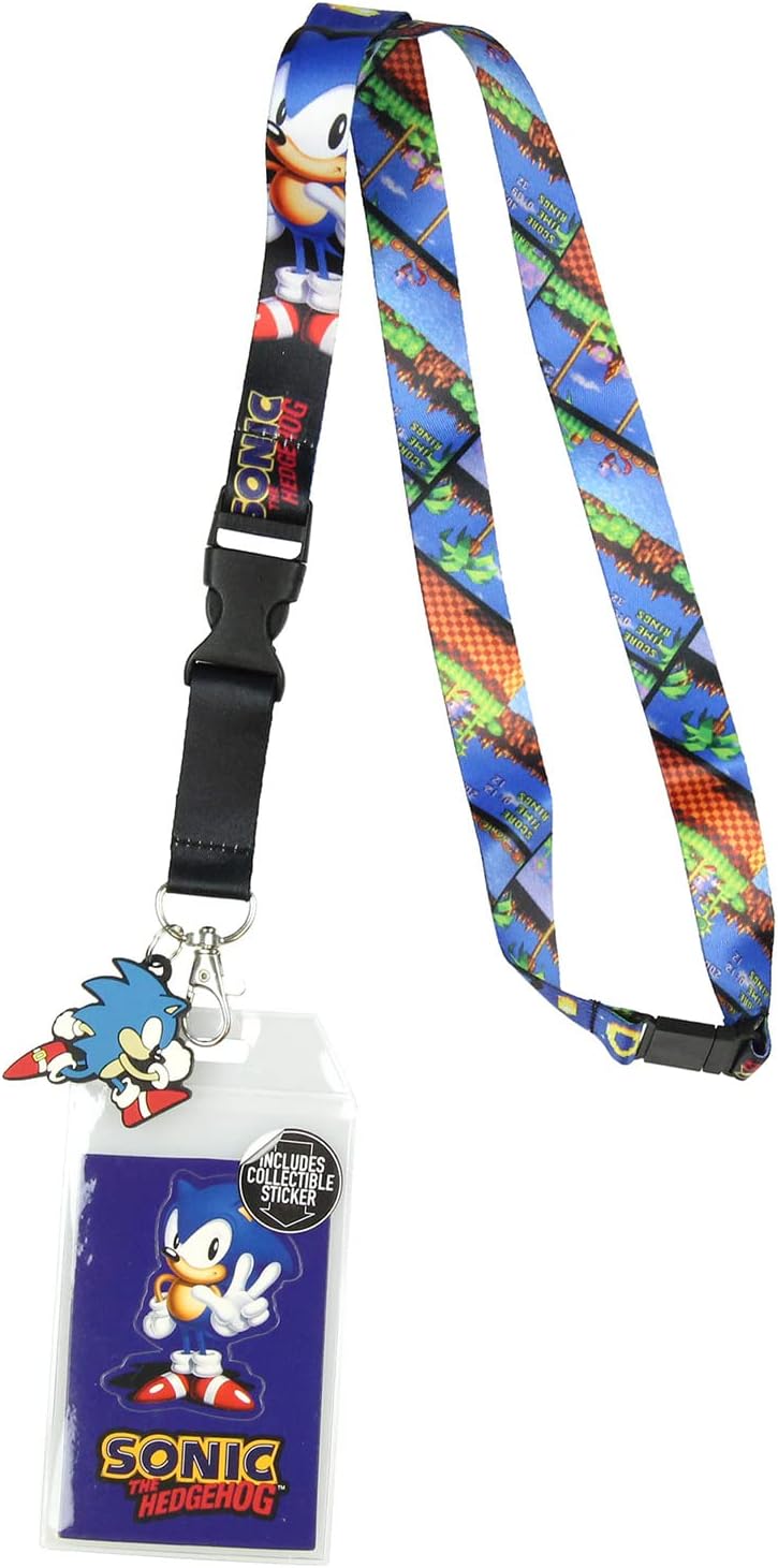 Sonic The Hedgehog Lanyard ID Badge Holder Classic Video Game Design w/Rubber Charm and Collectible Sticker