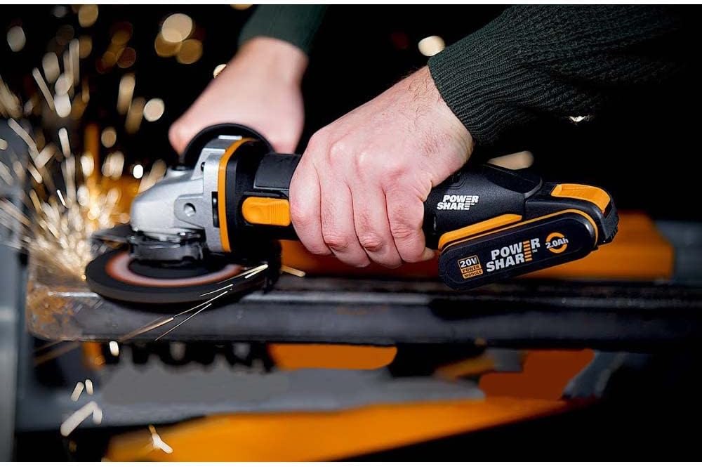 WORX WX800 Li-Ion Akku-Winkelschleifer 20V - Kompakter Schleifer mit schmalem Körper, Zusatzhandgriff & leistungsstarkem 20V Akku zum Schleifen & Schneiden