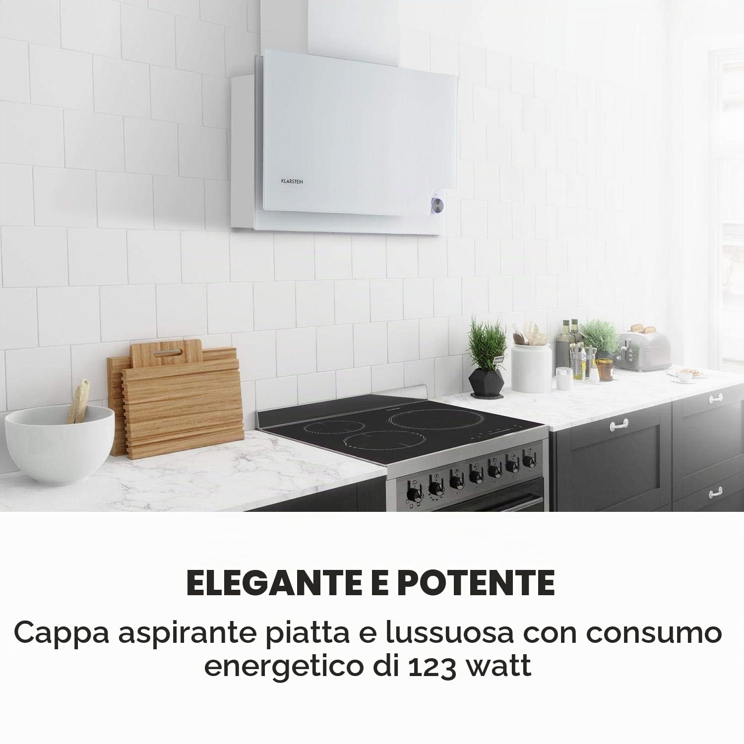 Klarstein Amelia - Cappa aspirante, Cappa a testa libera, Design piatto, 123 W, 586 m³/h, Illuminazione LED: 3 W, 3 livelli di potenza, Manopola touch illuminata, 60 x 47 x 23,5 cm, bianco