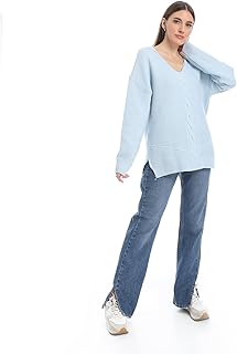 CAESAR WOMEN WOOL PLAIN PULLOVER WITH V NECK AND MULTIDESIGN,BLUE SKY,ONE SIZE FITS ALL