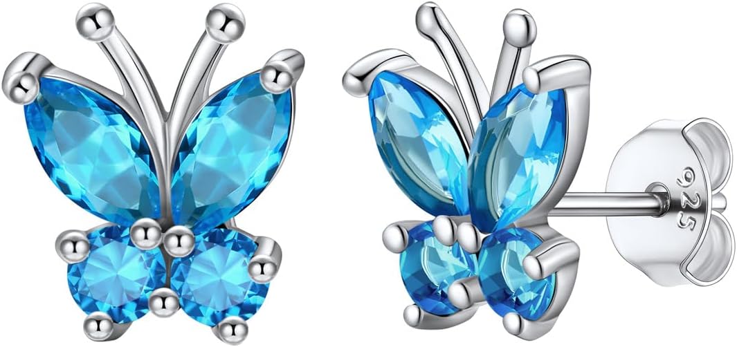 SILVERCUTE 925 Sterling Silver Butterfly Earrings for Women,Butterfly Birthstone Stud Earring/Ear Cuffs,Hypoallergenic Birthday Earrings for Women