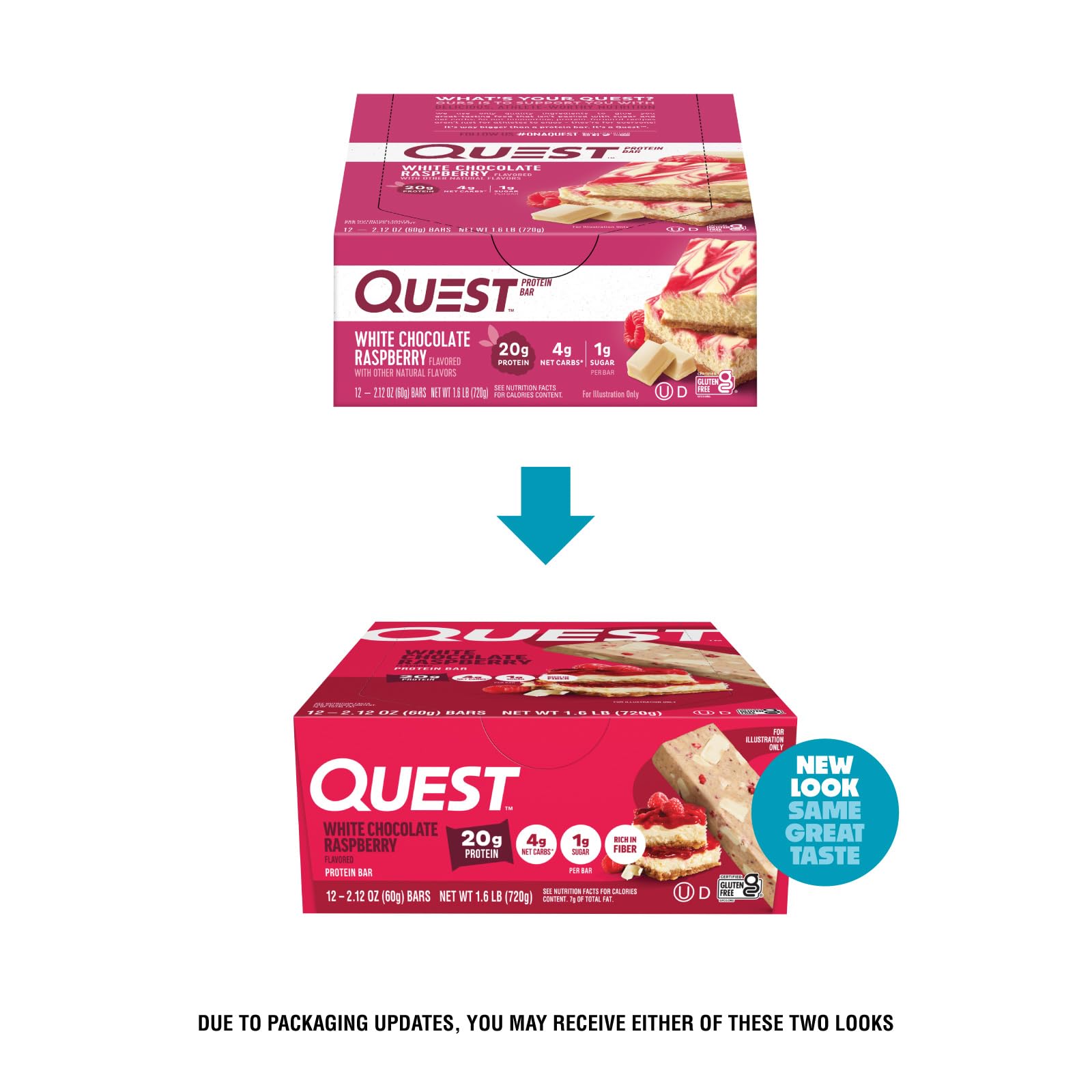 Quest Nutrition White Chocolate Raspberry Protein Bars, 20g Protein, 1g Sugar, 5g Net Carb, High Fiber, Gluten Free, Keto Friendly, 12 Count