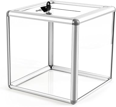 Large Donation Box with Lock, Acrylic Ballot Box with Slot 10 x 10 x 10 Inch, Suggestion Box with Lock Cash Storage Container for Fundraising Voting Charity Contest Tip