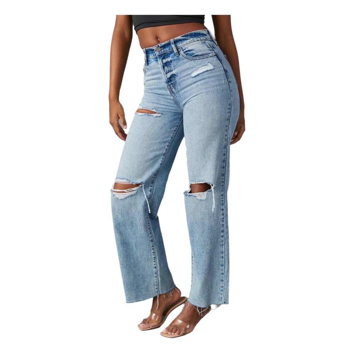 Jeans Donna Strappati alla Caviglia con Dritta Alta-Blu-l