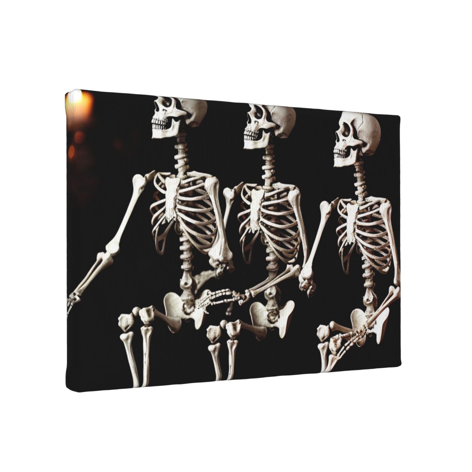 YKLJG Halloween Posable Skeleton Skull Printed Wall Art Canvas Painting 30x20 CM Wooden Framed Picture Painting Artwork Prints for Bedroom Kitchen Home Office Decor