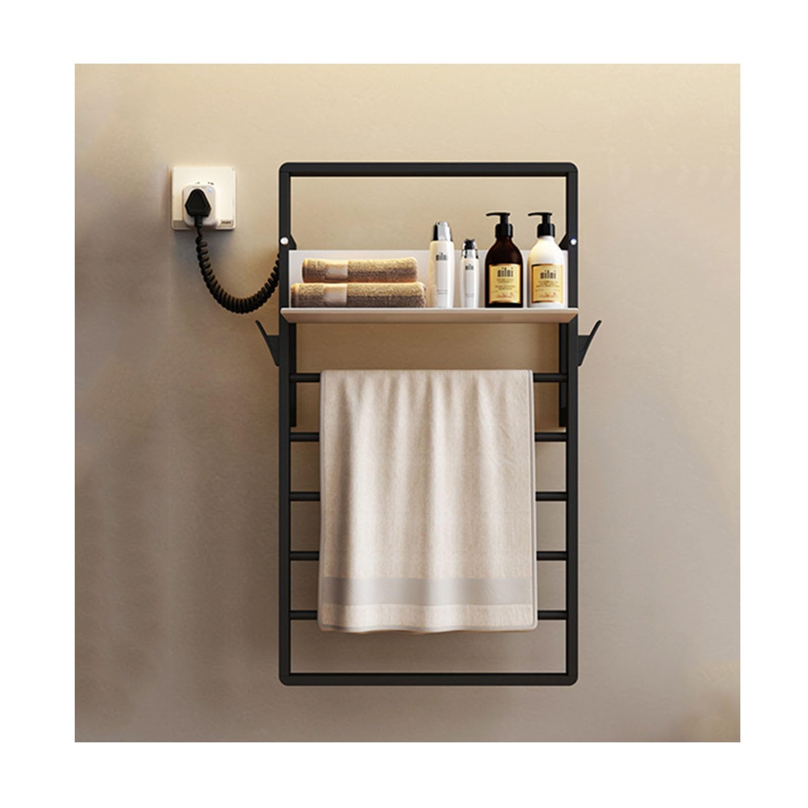 Porte-serviettes chauffant mural noir en acier inoxydable avec prise à gauche