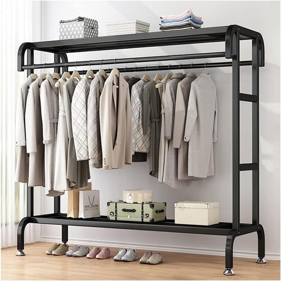 FGXHHS Multifunctional Double Rail Clothes Rack with Shelves - Black 120cm Metal Coat Organizer for Bedroom Storage, Ideal Garment Stand Hanging Apparel & Accessories