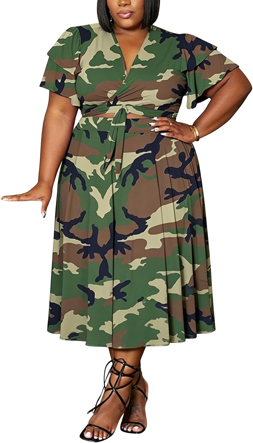 Women's Plus Size 2 Piece Outfits Summer Ruffle Short Sleeve Tie Up Crop Top and Flowy Maxi Skirt Matching Sets