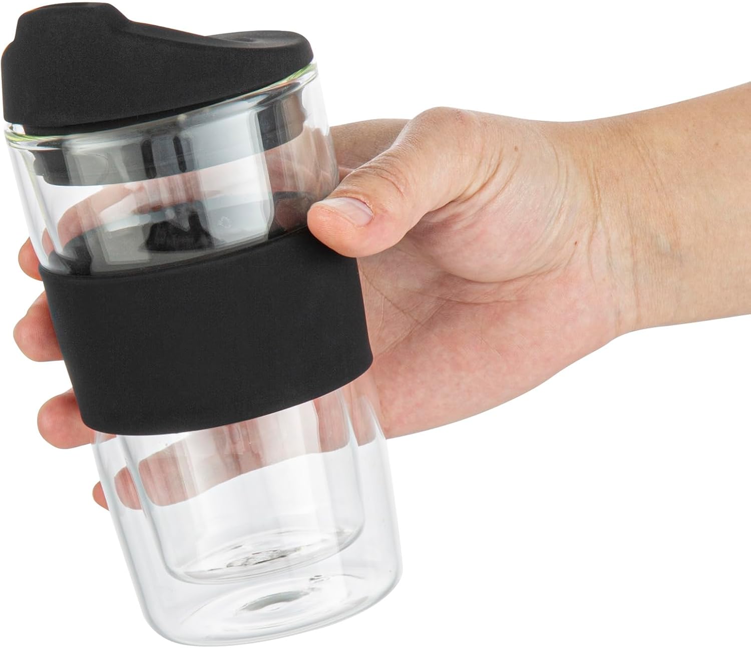 Restaurantware Glass Travel Mug 1 Count 12 Ounce Double Wall Borosilicate Reusable Coffee Cup, Spill-Resistant Black Silicone Lid, Clear Drinkware Mug for Hot and Cold Beverages - Image 8