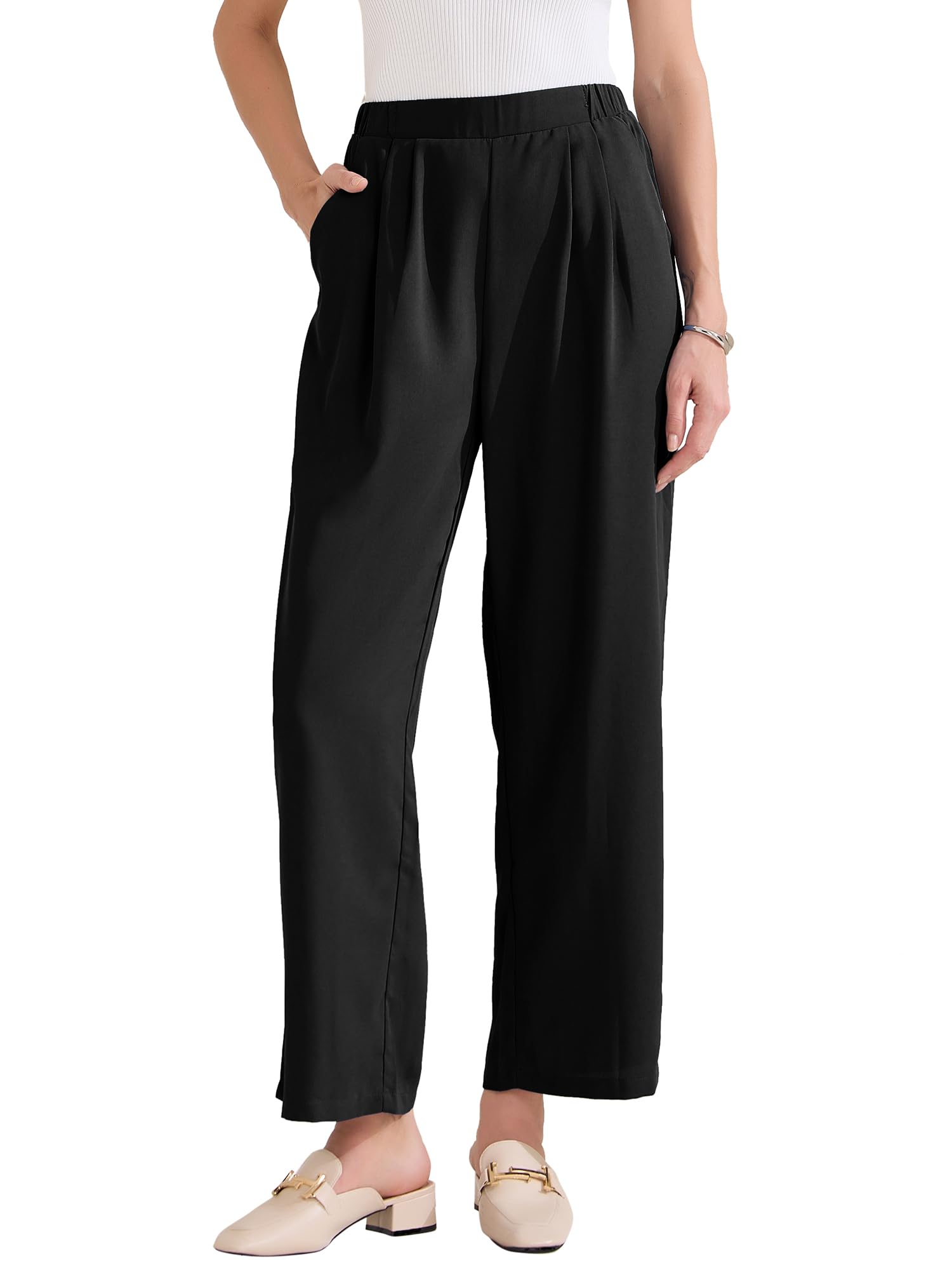Allegra K Womens Straight Work Pant Elastic High Waist Business Casual Solid Ankle Pant Trouser