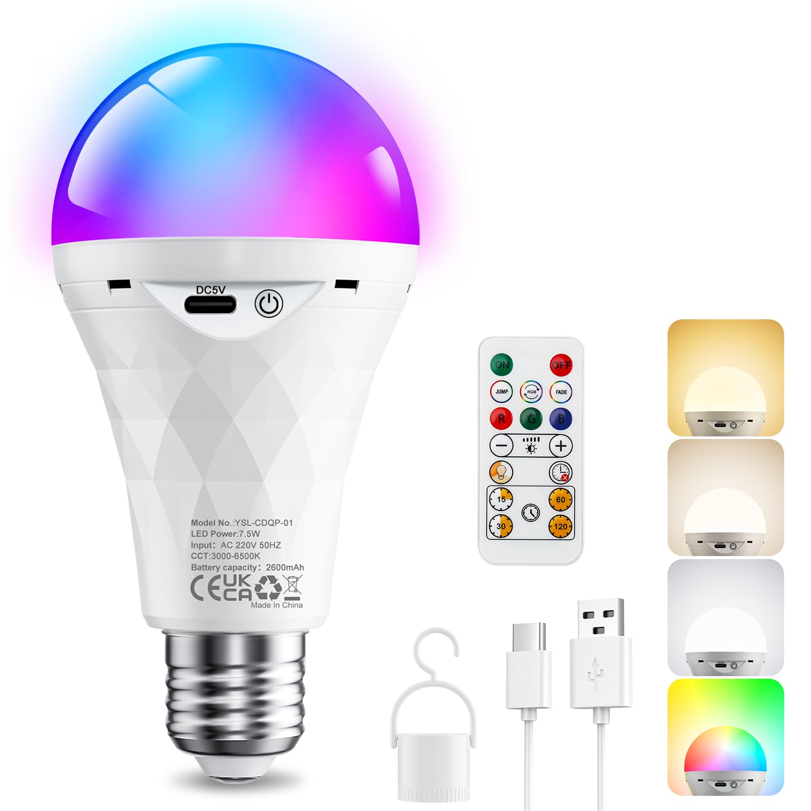 E27 LED RGB Aufladbare Glühbirne 2600mAh, Wiederaufladbarer Glühbirne mit Batterie& Fernbedienung, Dimmbare 10 Farbwechselnd Akku Lampe Hängelampe mit Timer für Outdoor Camping Weihnachten, 1 Stück