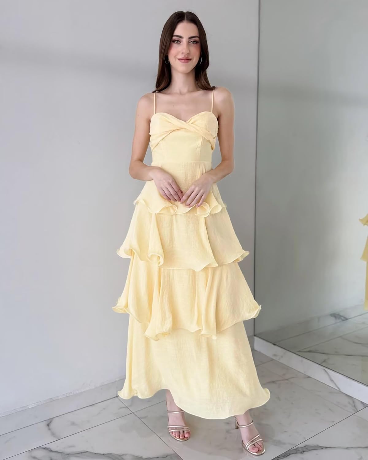 YMSHA Tiered Chiffon Bridesmaid Dress Ruffles Spaghetti Straps Long A-line Beach Formal Maxi Dresses CLN100 - Image 3