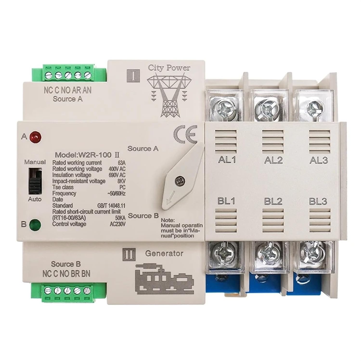 W2R ATS 3P Dual Power Automatic Transfer Switch Uninterrupted Power Controller 63A 100A 110V 220V Wire 1Pcs(3P 100A 220V)