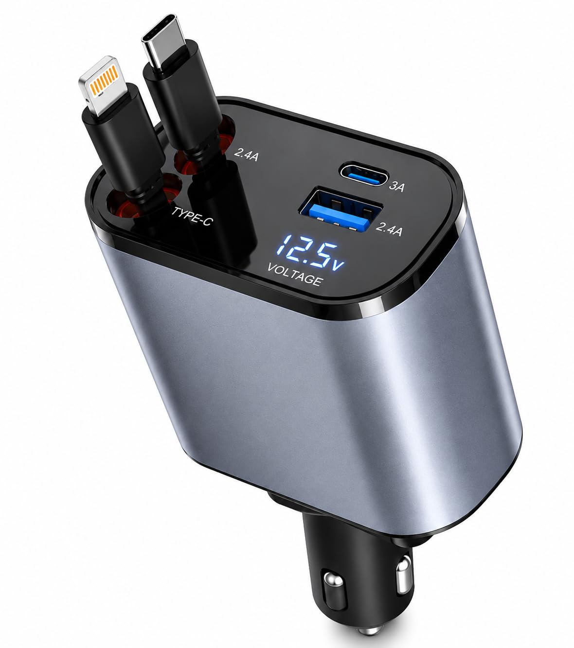 Aquira 4-in-1 Retractable Car Charger 120W Fast Car Charger with Type-C & Lightning Retractable Cables, USB-C (3A) + USB-A (2.4A) Ports, LED Voltage Display, 180° Adjustable Head, 12V-24V-image-48