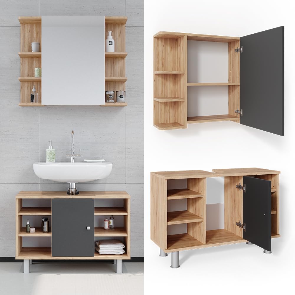 Vicco Set mobili bagno Fynn, Rovere dorato, 60 cm, composto da specchio da bagno e mobile sottolavabo
