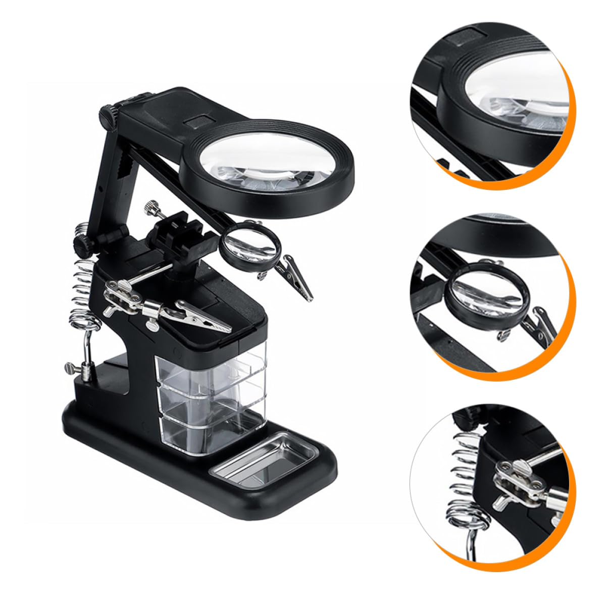 Ciieeo Estación de Soldadura LED Lupa de Escritorio Negra, Soporte Ajustable Tres Lentes de Aumento Retráctiles, Luz LED Integrada para Trabajos de Soldadura y Reparación Electrónica