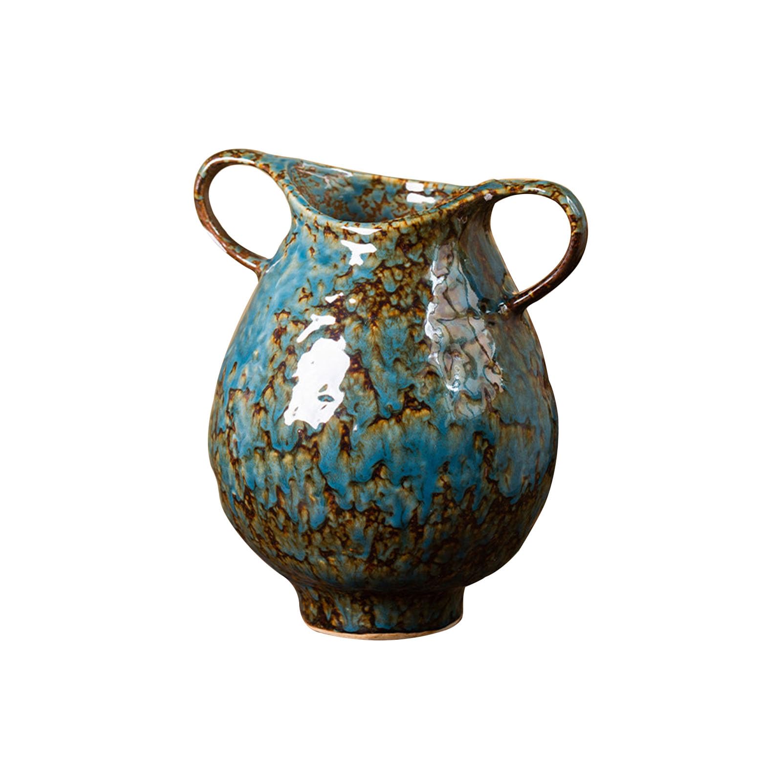 Nzzkoides Blue B Craft Ceramic Vase, Vintage Decorative Vase With Rusty Texture Design, Ornament For Farmhouse Decoration, Office Desk, Countertop, Floor(Size:25 * 25 * 27Cm,Color:blue B)