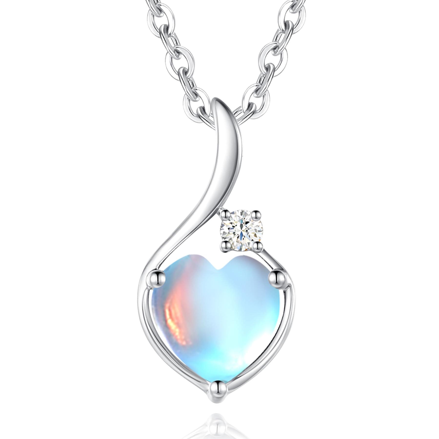 FANCIME Solide 14 Karat 585 Weiß Gold Anhänger Kette mit Herz Geburtsstein und 0.032ct echt Diamant, Feine Geschenk Schmuck für Damen Mädchen, 925 Silber Kette: 40 + 5 cm