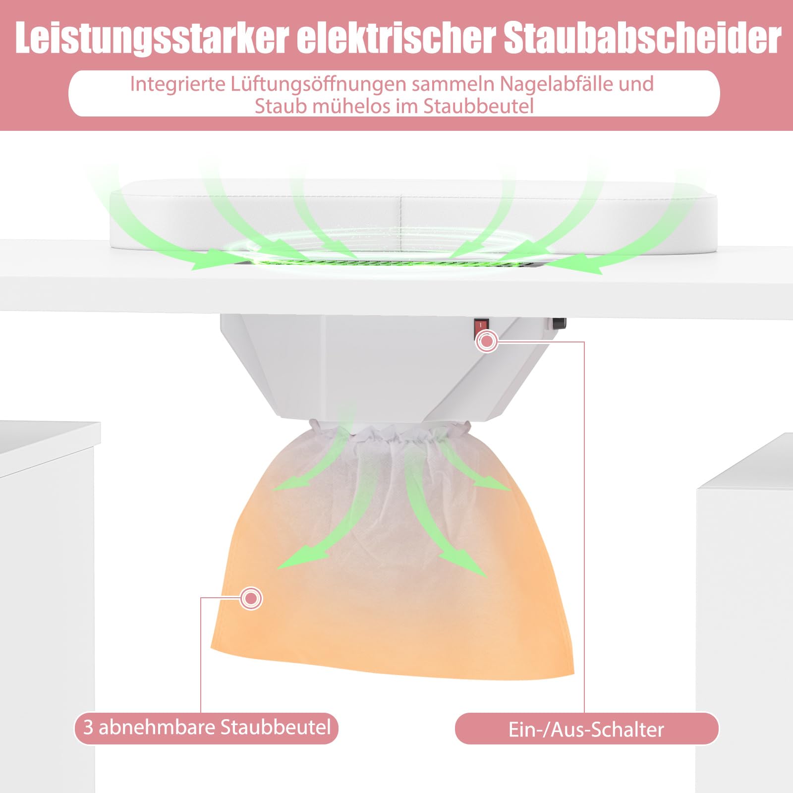 DREAMADE Manikürtisch, Nageltisch mit Staubabsaugung & 3 Staubbeuteln, Nagelstudio Tisch mit Handauflage, Schubladen, Schrank, Maniküre Tisch auf Rollen für Zuhause, Studio, Schönheitssalon (Weiß)