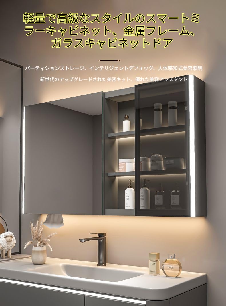 Amazon.co.jp: Acnivko洗面化粧台 ミラーキャビネット 洗面所鏡 照明