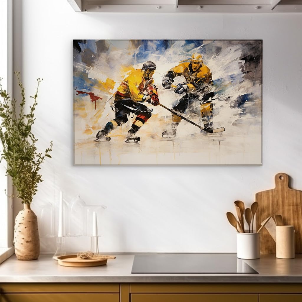 Canvas for Living room. Slashing Ice and Striking Colors: The Dynamic Duel of Hockey Players in Abstract Art, 27 x 18 inch Canvas Wall Art - Ready to Hang - 69x46 cm (27x18 inch)