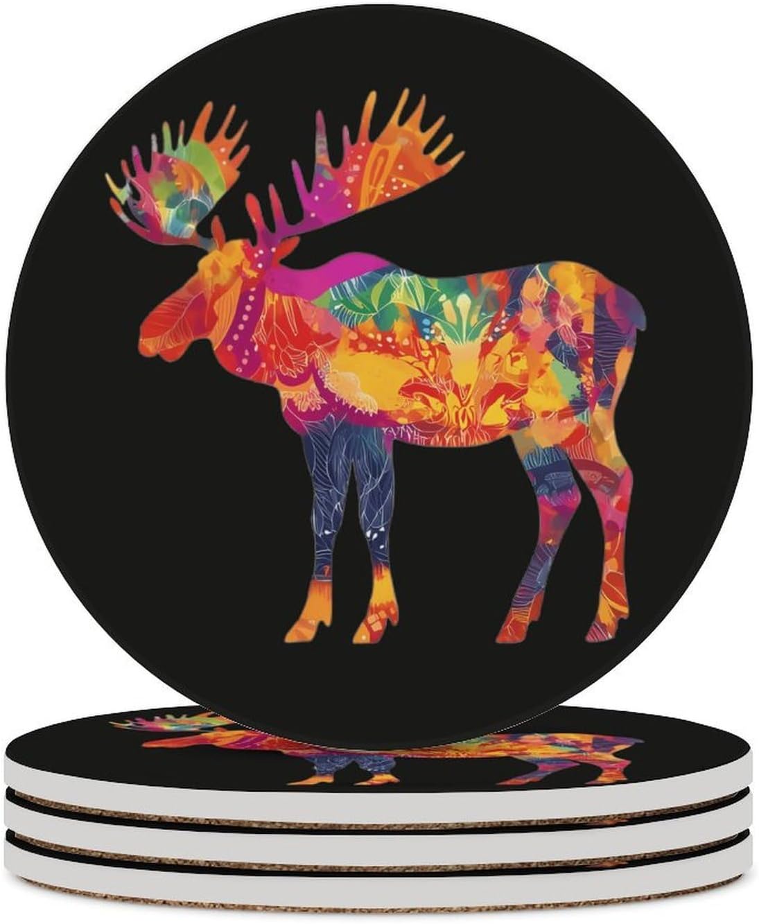 Colorful Canadian Moose Round Ceramic Coasters for Drinks Absorbent Cup Holder Tabletop Protector with Cork Base