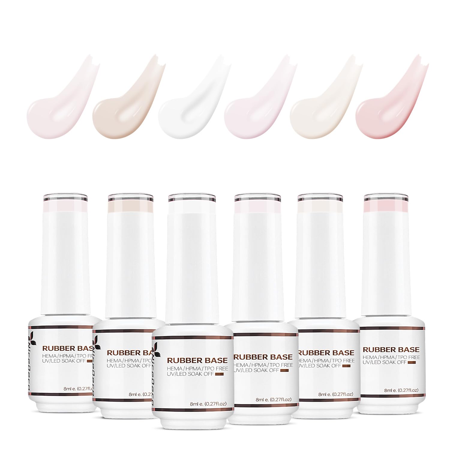 Nicedeco 4 en 1 Juego de gel base de goma para uñas, Hema Free Nude Rose Pink Sheer Color Gel Nail Polish UV LED Soak Off, Goma elástica Nail Strengthen Enhance Base Coat 6 x 8ml-Set 33
