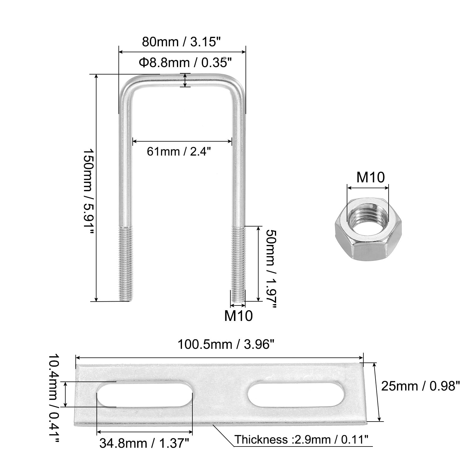 PATIKIL M10x60x150mm Square U-Bolts Kit, 2Set 304 Stainless Steel Square U Shaped Bolts Replacement Parts with Frame Plates and Nuts for Ski Board Sailboat Trailer - Image 2