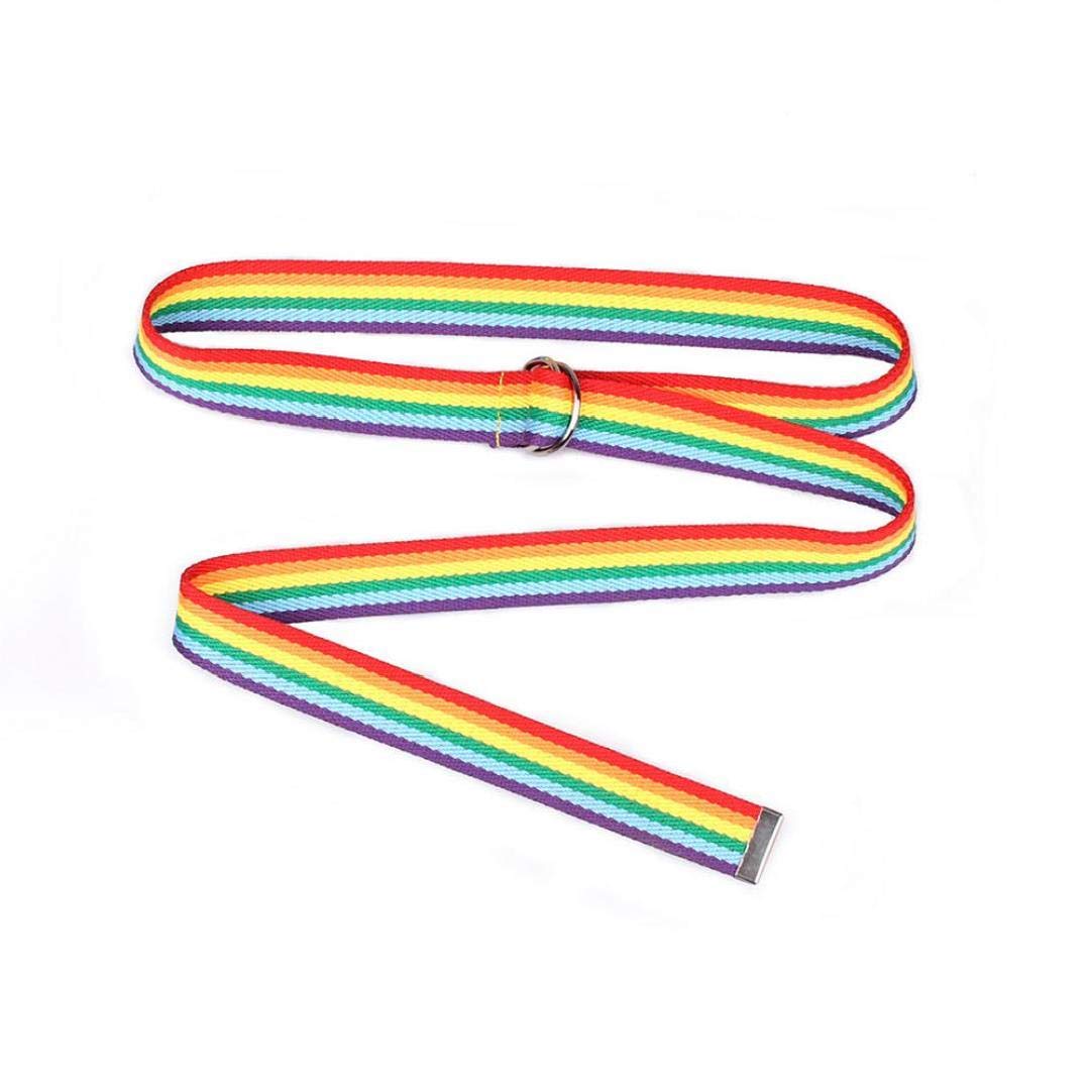Byfri Women's Colorful D Ring Belt For Rainbow Stripe Belts Double D-Ring Buckle Waistband For Girl