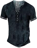 Vista 22 de Camisas Henley desgastadas para hombre, camisetas retro de manga corta, camisetas casuales con botones lavadas para hombre