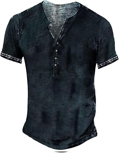 Miniatura 22 de Camisas Henley desgastadas para hombre, camisetas retro de manga corta, camisetas casuales con botones lavadas para hombre