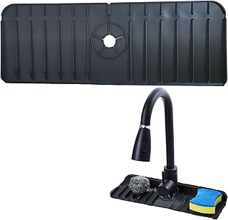 Kitchen Sink Splash Guard, Sink Splash Guard, Silicone Sink Faucet Mat, Silicone Sink Mat, Sink Mats Splash, Fast Drainage Splash Guard Kitchen Sink for Wall Bathroom Kitchen Drying Tray (Black)