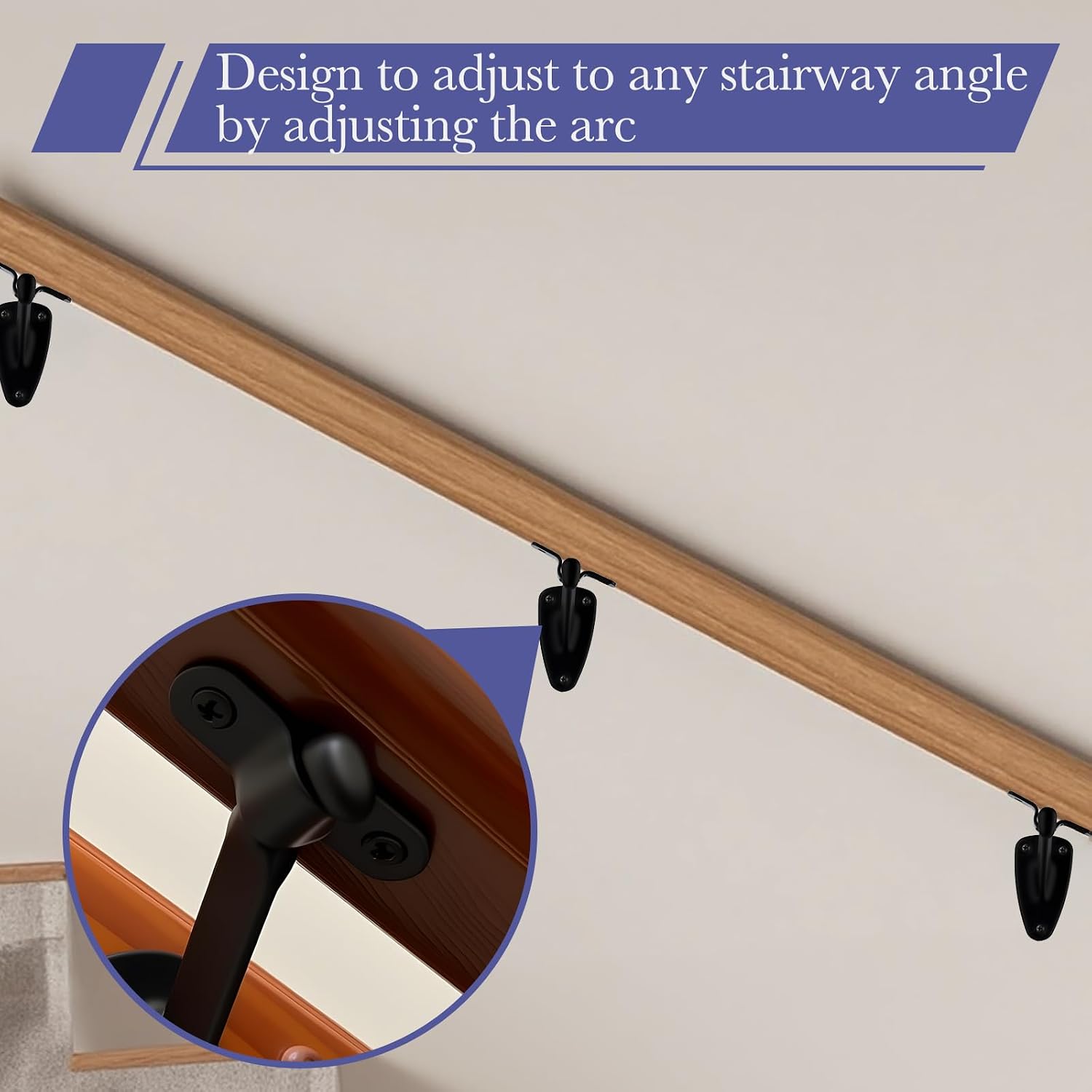 HOME MASTER HARDWARE Long Handrail Bracket for Stairs, Matte Black, 6 Pack | 80 lbs Safe Load Capacity, Zinc Alloy Material, Wall Mount Design, Hand Rail Brackets for Indoor Stairs, Anti-Rust