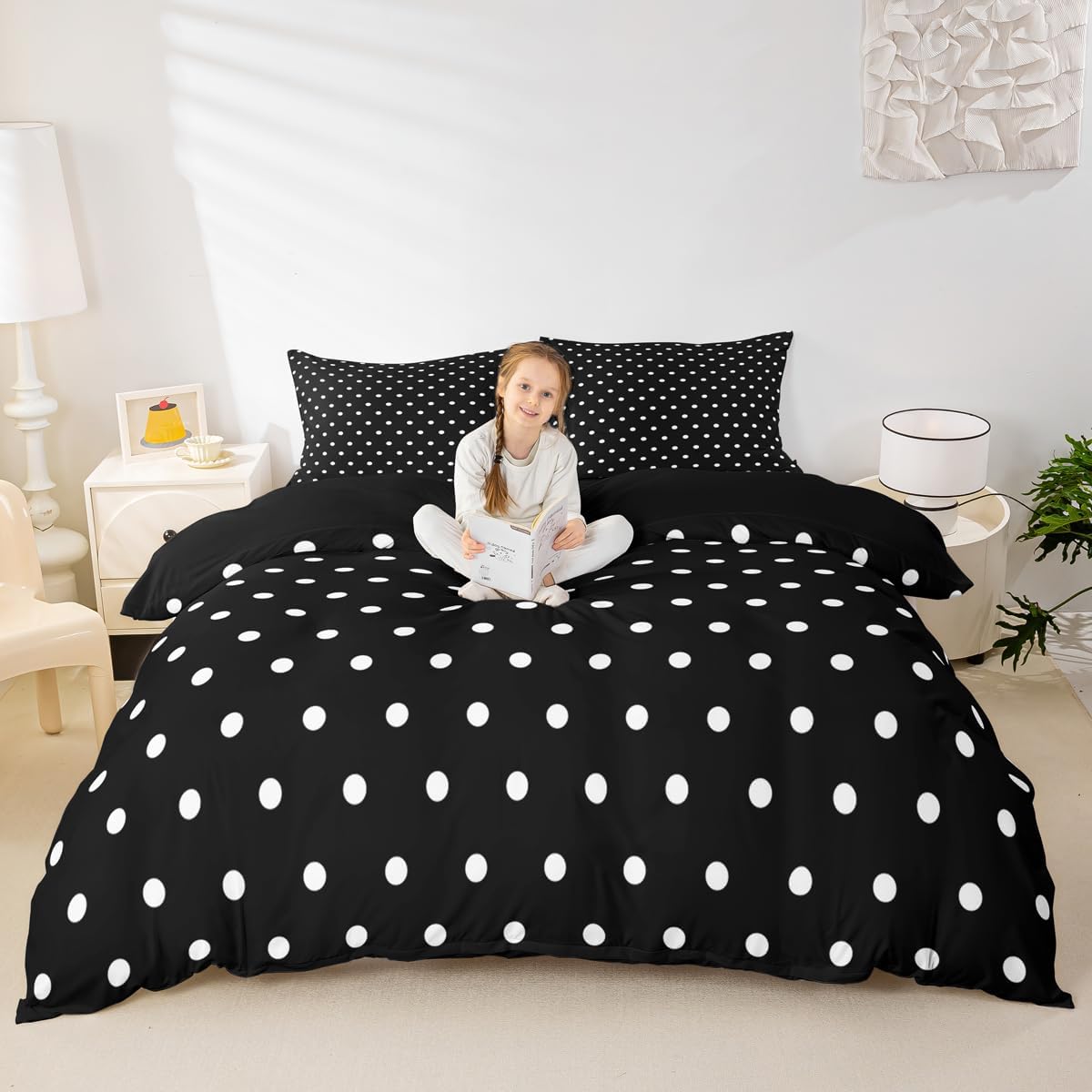Feelyou Black White Bedding Set Queen Size Kids Polka Dots Comforter Cover for Boys Girls Teens Abstract Duvet Cover Breathable Soft Lightweight Microfiber Modern Room Decor