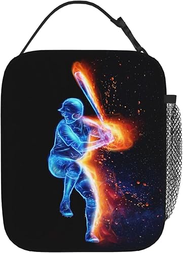 Miniatura 3 de Lonchera aislada para niños con estampado de jugador de béisbol azul, bolsas de almuerzo con temática deportiva con soporte para botella de agua