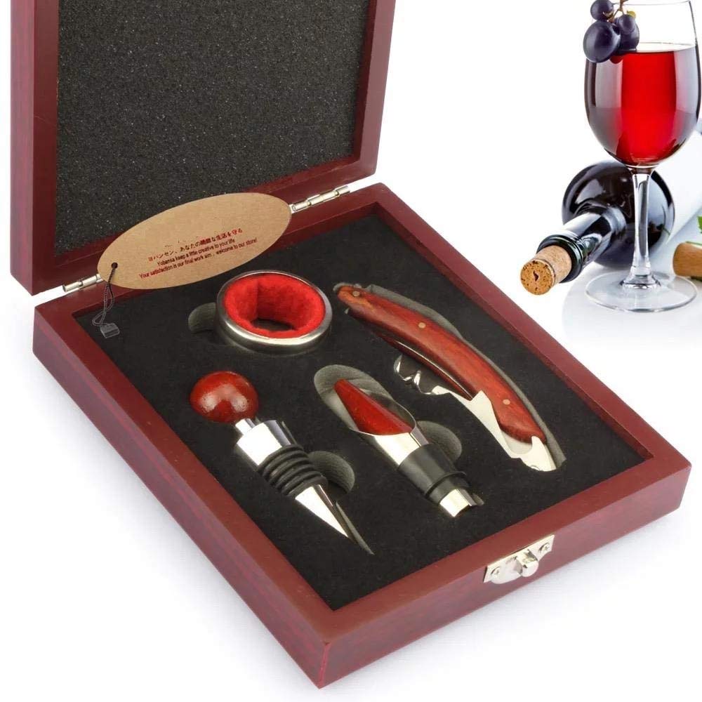 Wooden Wine Accessory Gift Box - 4 pcs - Colour Rose Wood (Square)