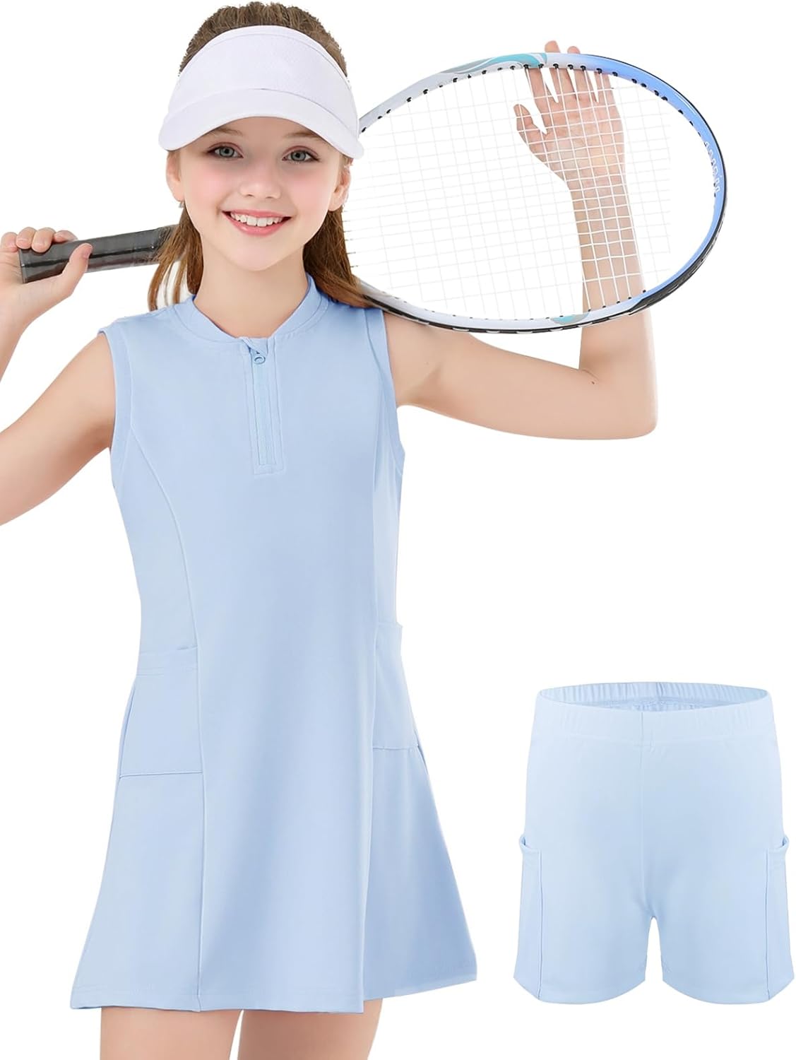 Girls Tennis Dress with Shorts Pockets Sleeveless Workout Athletic Dresses A-Line Kids Golf Outfit Quarter Zip