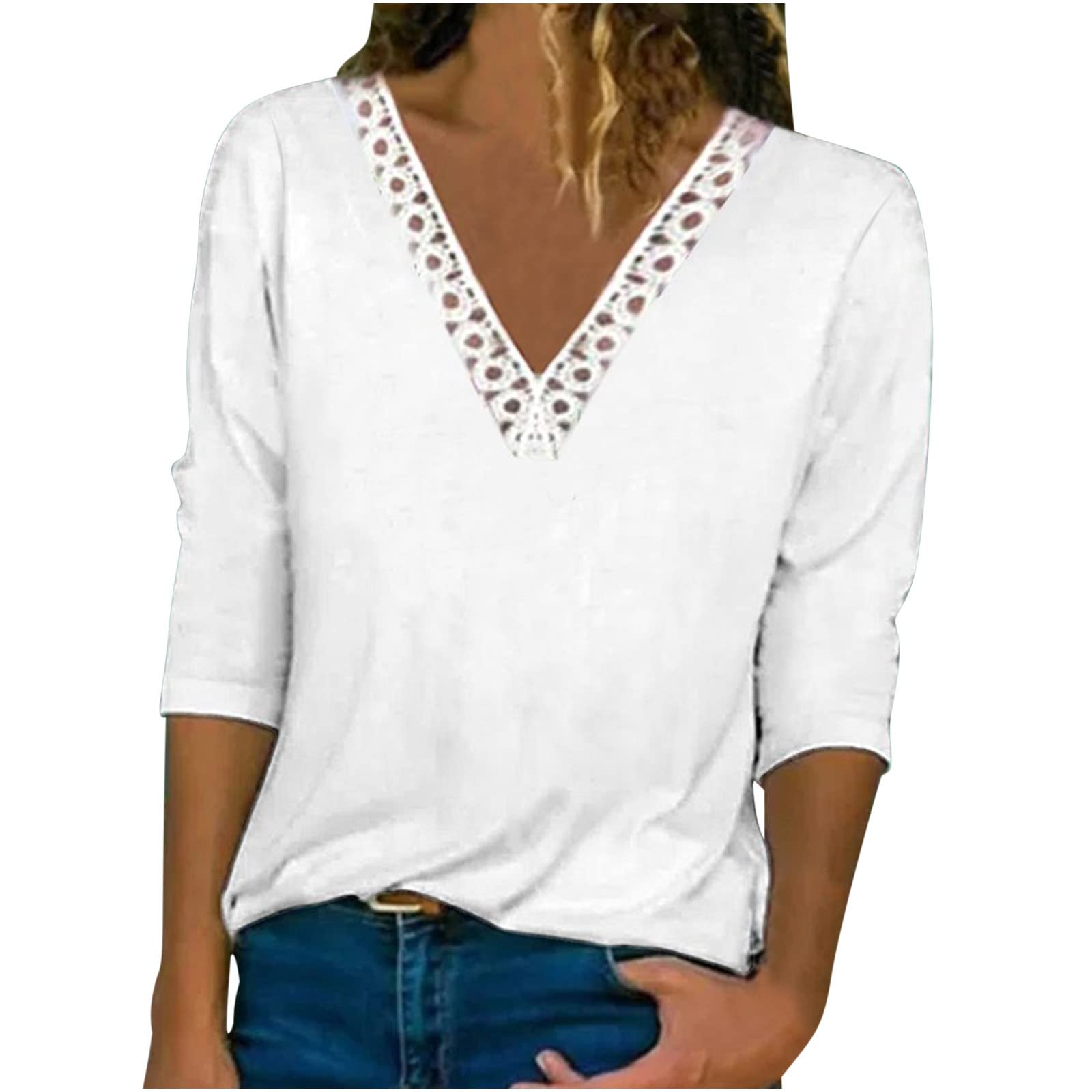 HAOLEI Camisetas Mujer Verano Elegantes,Camisa Blanca Mujer Camisetas Mujer Mangas Larga Camiseta Cuello en Pico con Adorno de Encaje Moda Color Sólido Blusa Ligera Camiseta Primavera Verano