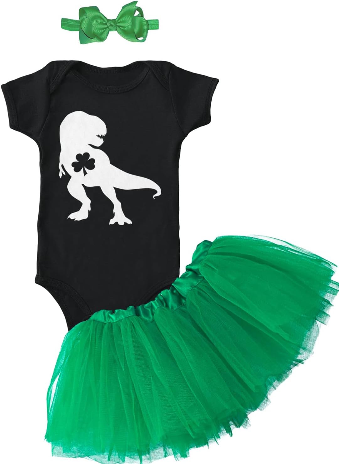 Tcombo T-Rex Shamrock - St. Patrick's Day Baby Bodysuit + Tutu Skirt + Bow Headband Set