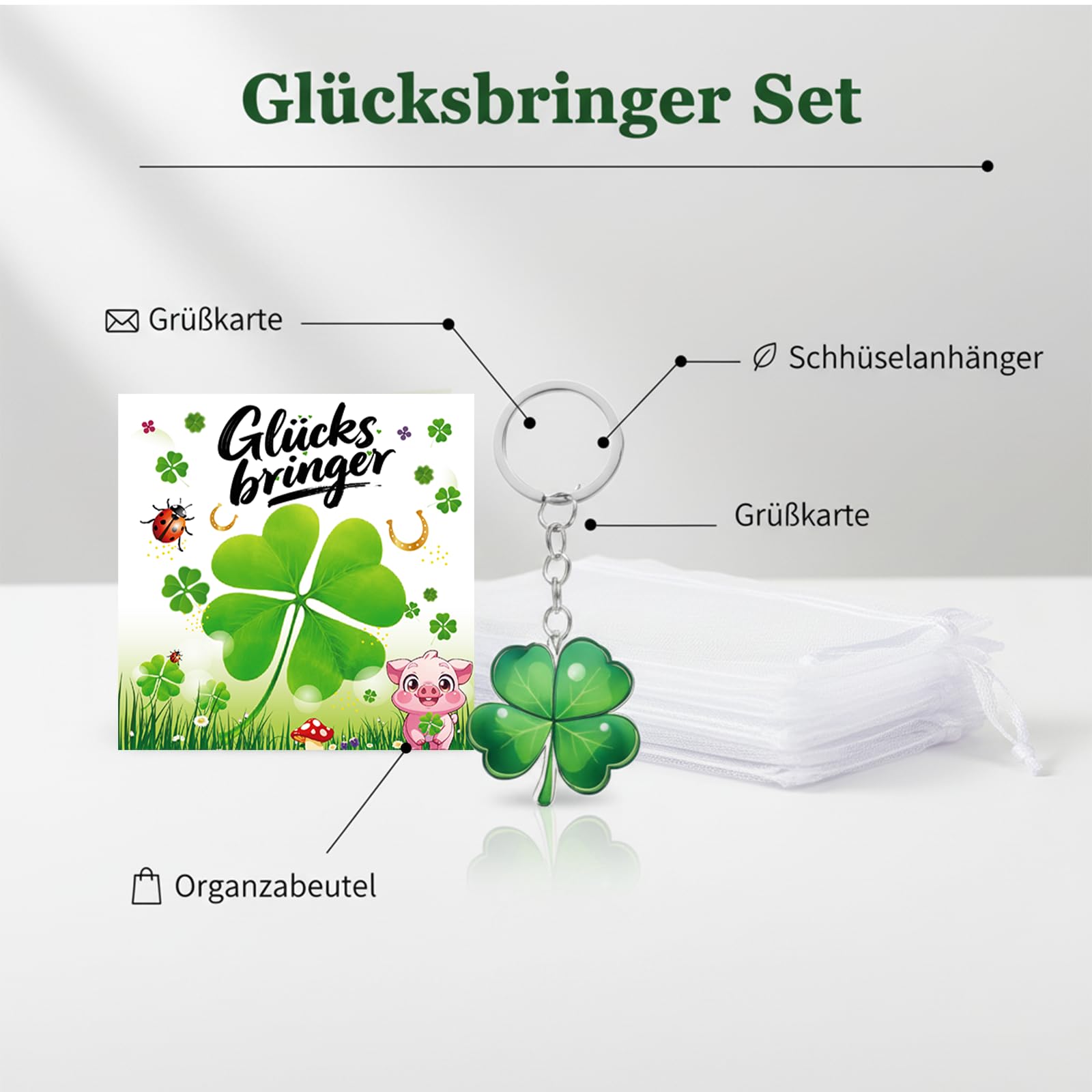 OuMaiFeng 24 Stück Acryl Kleeblatt Glücksbringer Schlüsselanhänger Set,Abschiedsgeschenk Schüler,Abschiedsgeschenk Kollegen,Grußkarte und Organzabeutel,Party Mitgebsel,Geschenke für Freunde Familie