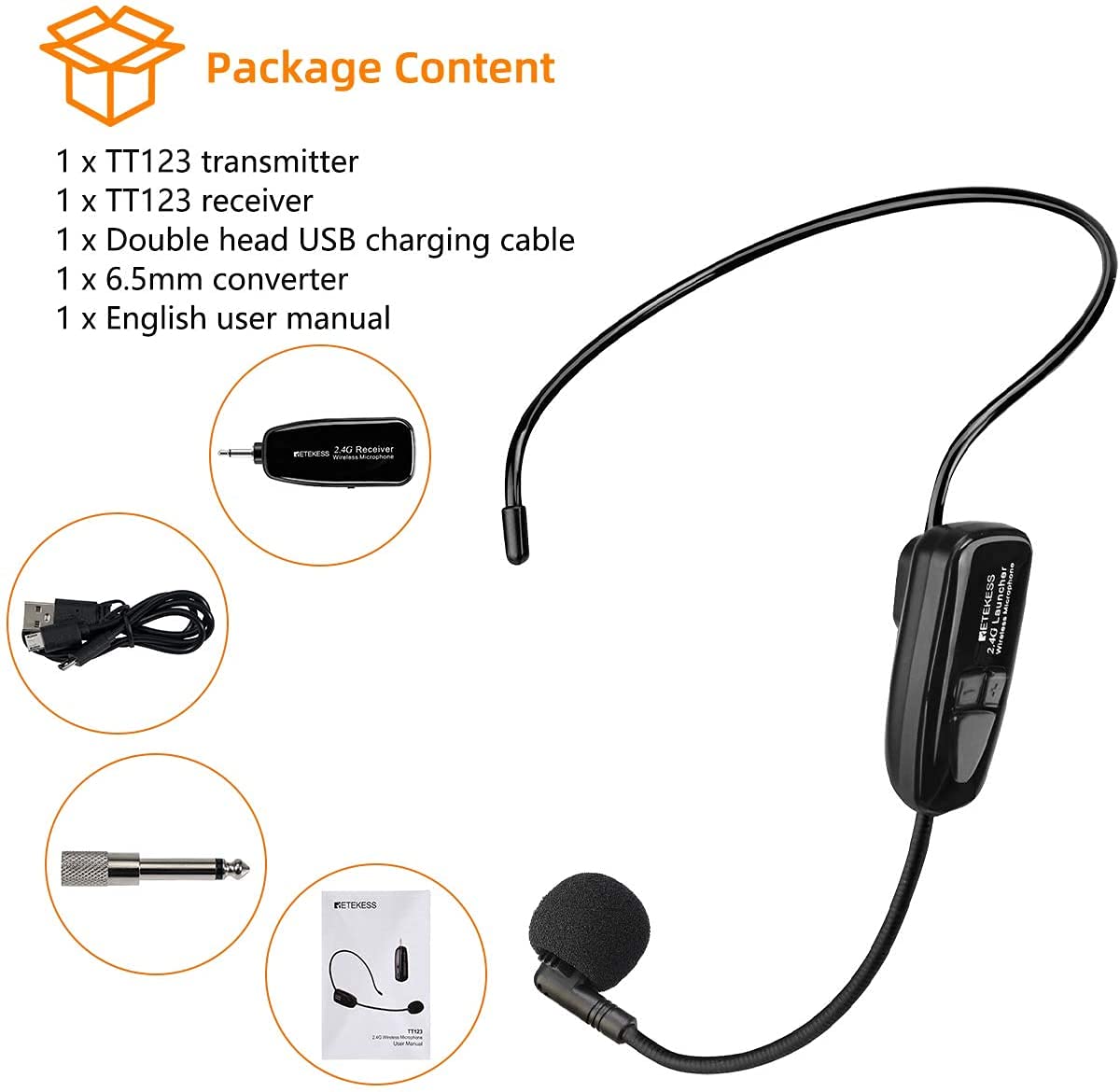 Retekess TT123 System Mikrofonu Bezprzewodowego,Mikrofon i Zestaw Słuchawkowy ze Wzmacniaczem, 2 w 1, Akumulator, 2,4G, Bezprzewodowy Zestaw Słuchawkowy z Mikrofonem, do Wzmacniacza głosu, Nauczanie