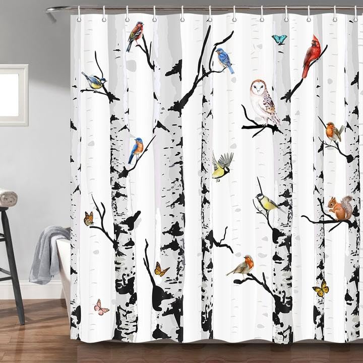 Miniatura 5 de Cortina de ducha de tela de invierno con pájaros, cortina de ducha de bosque de abedul blanco y negro para baño, cortinas de ducha de animales con