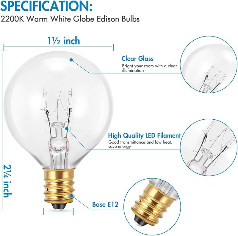 ZONJIE G40 LED Izzó Kültéri 25db E12 Foglalat Meleg Fehér Dekorációs Fényfüzér