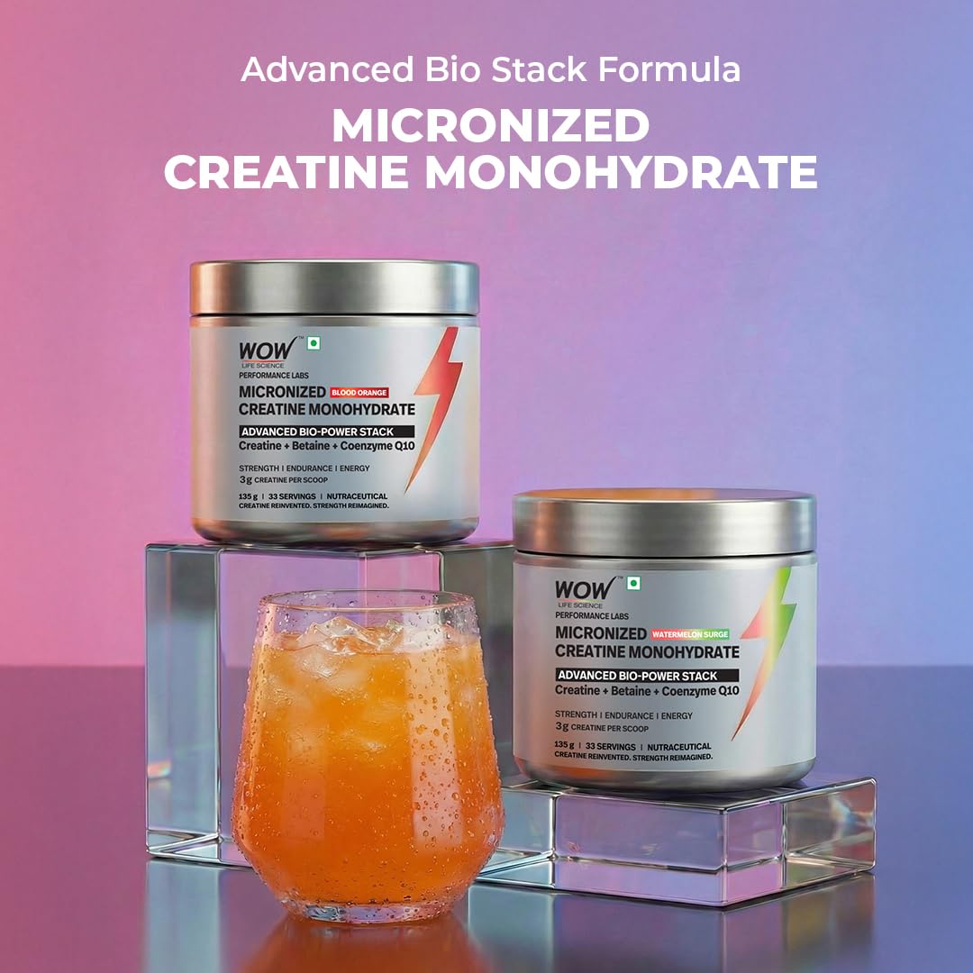 WOW Life Science Micronized Creatine Monohydrate Powder – ADVANCED BIO‑POWER STACK | 3g Creatine per Scoop with Betaine & Coenzyme Q10 | Strength, Power & Lean Muscle Support | No Bloat Formula | No Added Sugar | Great Tasting | For Men & Women | 135g (33 Servings) | Orange