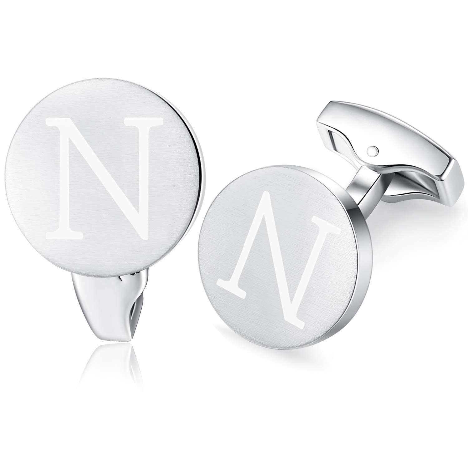 HONEY BEAR Initial Alphabet Letter Cufflinks for Men, Brushed Silver Round Shape Stainless Steel Wedding Business Cufflinks, A - Z (N)