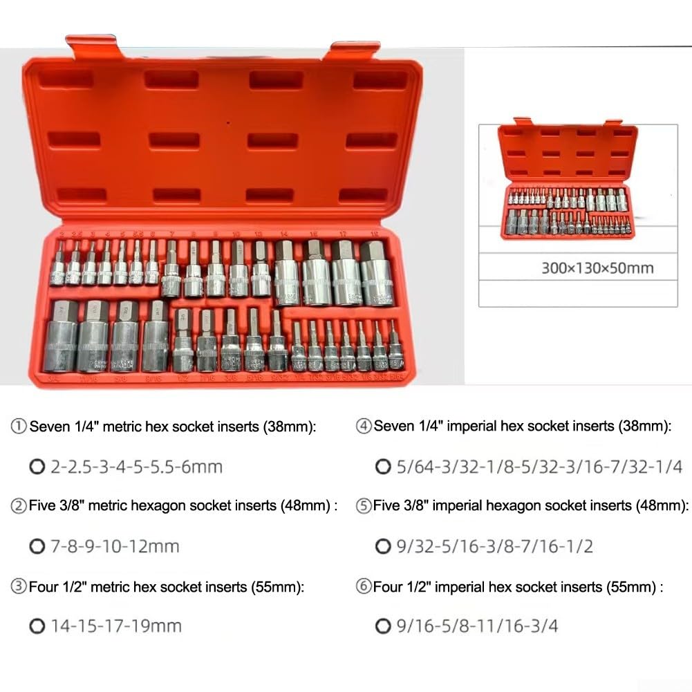 Juego de llaves de vaso hexagonales que incluye 32 piezas para 1/2 pulgada, 1/4 pulgadas y 3/8 pulgadas con caja de almacenamiento para 564 a 34 y de 2 a 19 mm