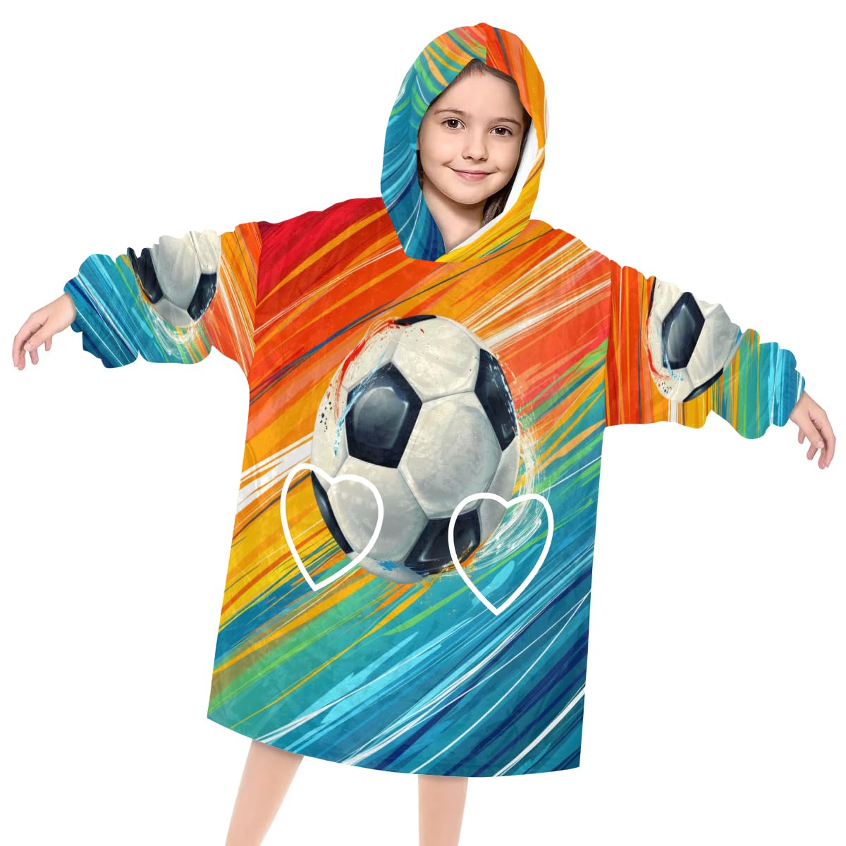 Wearable Blanket Hoodie for Kids, Rainbow Football Fleece Sweatshirt Blanket Oversized Blanket Sweatshirt with Pocket Flannel Warm Hooded Blanket 6-10 Year Old Girl Boy Gift, One Size