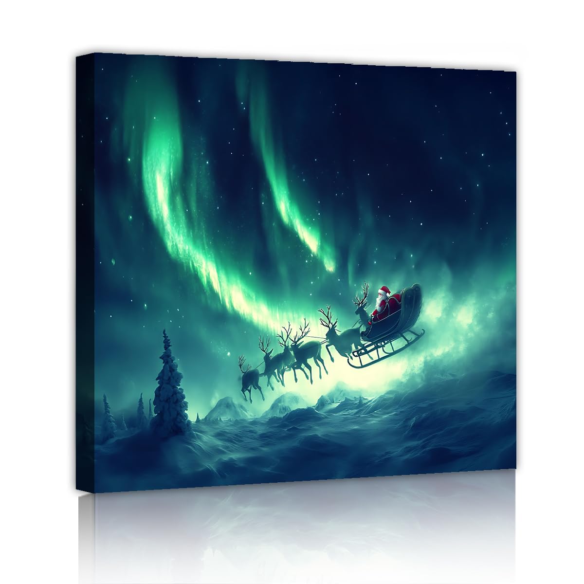 SHENGPOSTER Wydruki na płótnie zorza polarna północnego Santa Sanki renifer sztuka ścienna krajobraz zima dekoracja do domu na ścianę biuro salon rama wewnętrzna 65 x 65 cm