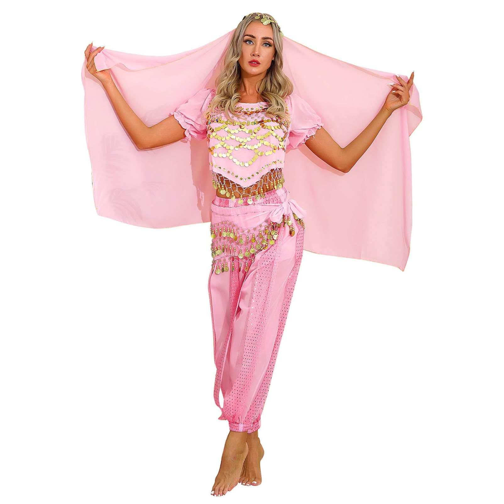 Alvivi Women's Chiffon Sequins Belly Dance Suit Outfits Indian Dance Stage Performance Costume Pink One Size โ image 1