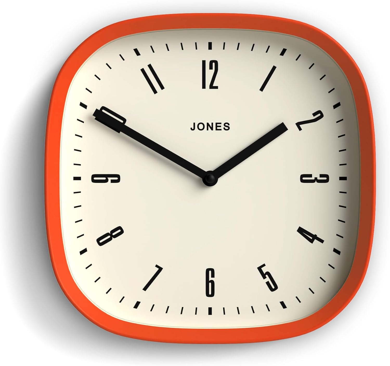 JONES CLOCKS® Marvel Wall Clock | Modern Retro Rounded Square Clock | 10 inch | Orange | Cool Designer Look for Kitchen, Living Room or Office